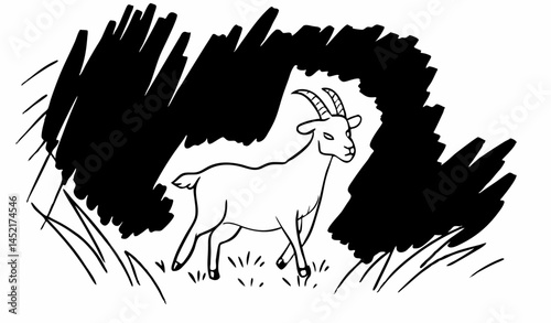 highly detailed, expressive, and rough unsigned pencil and charcoal sketch of a stylized goat, full body shot, set against a crisp, clean, and pure white background. The artwork must not contain any a