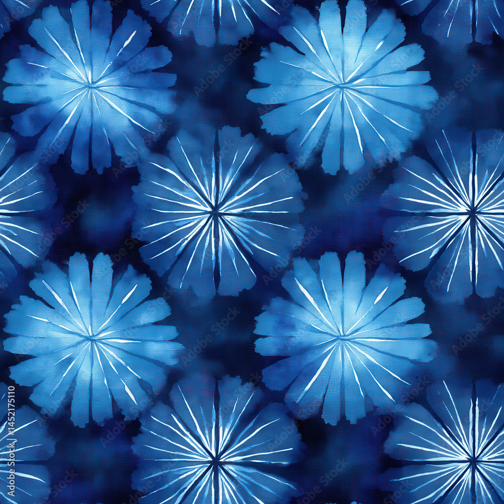 Seamless pattern of blue floral designs with watercolor effect creating calming and artistic background