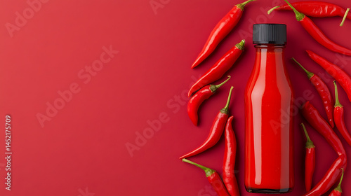 Red hot sauce in glass bottle with chillies on red background.  Homemade condiment. Vibrant, spicy flavor. Food still life. Minimalist.