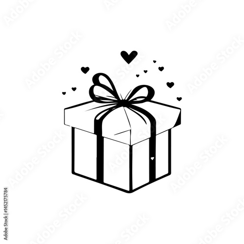 Elegant gift box illustration with delicate heart accents in monochrome