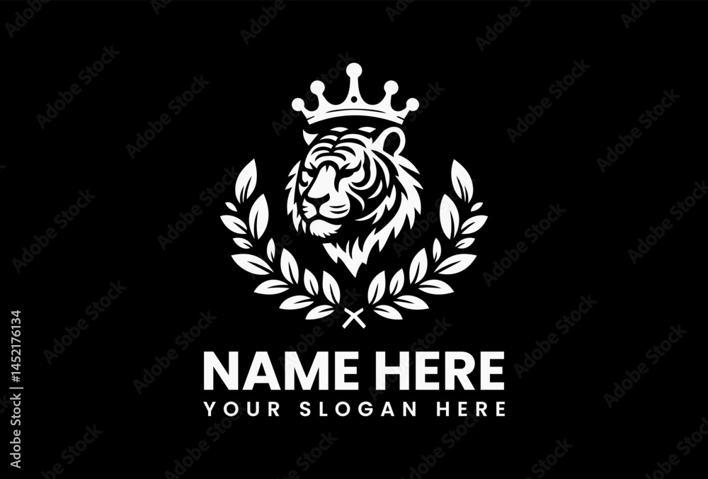 Obraz premium Tiger head wearing a crown of roses and thorns, royal vector emblem for luxury fashion and combat sports 