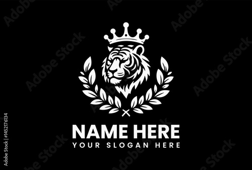 Tiger head wearing a crown of roses and thorns, royal vector emblem for luxury fashion and combat sports  
