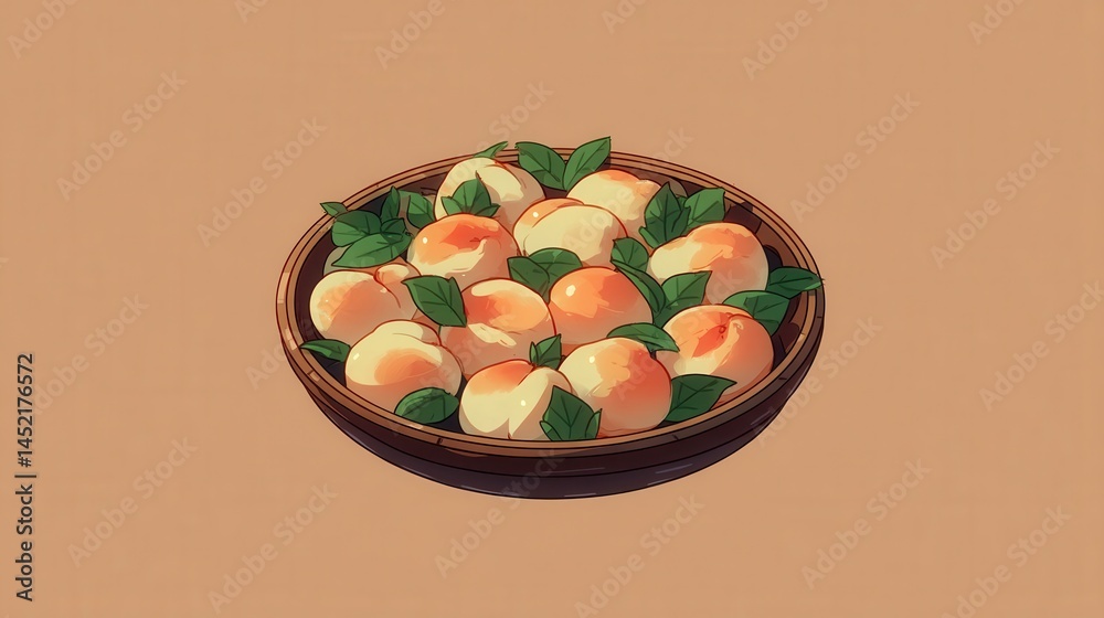 A Wooden Bowl Filled with Juicy Peaches and Fresh Green Leaves A Wooden Bowl Filled with Juicy Peaches and Fresh Green Leaves