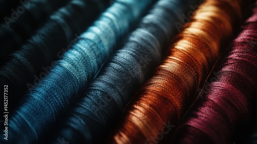 Exploration of vibrant thread rolls showcasing exquisite fine textures and a harmonious blend of warm and cool shades in a macro view