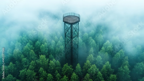 An aerial perspective of a towering observation deck rises above a vast green forest enveloped in a mysterious fog, offering a breathtaking view of nature.