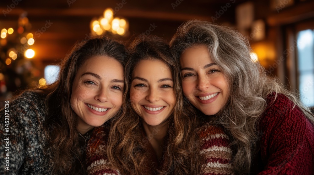 A warm and inviting image of three smiling women in a cozy setting, showcasing joy, friendship, and the beauty of family bonds during a festive atmosphere. A warm and inviting image of three smiling women in a cozy setting, showcasing joy, friendship, and the beauty of family bonds during a festive atmosphere.