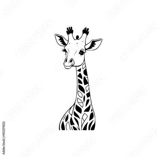 Elegant giraffe portrait illustration in simplistic black and white line art
