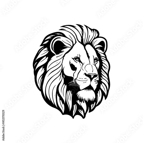Monochrome lion head artwork with majestic mane detail and thoughtful expression