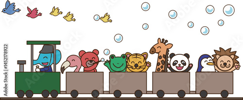動物たちが列車に乗って楽しそうにしているイラスト