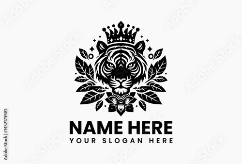 Tiger with tribal markings and floral crown, bold vector logo for tattoo parlors and alehouses