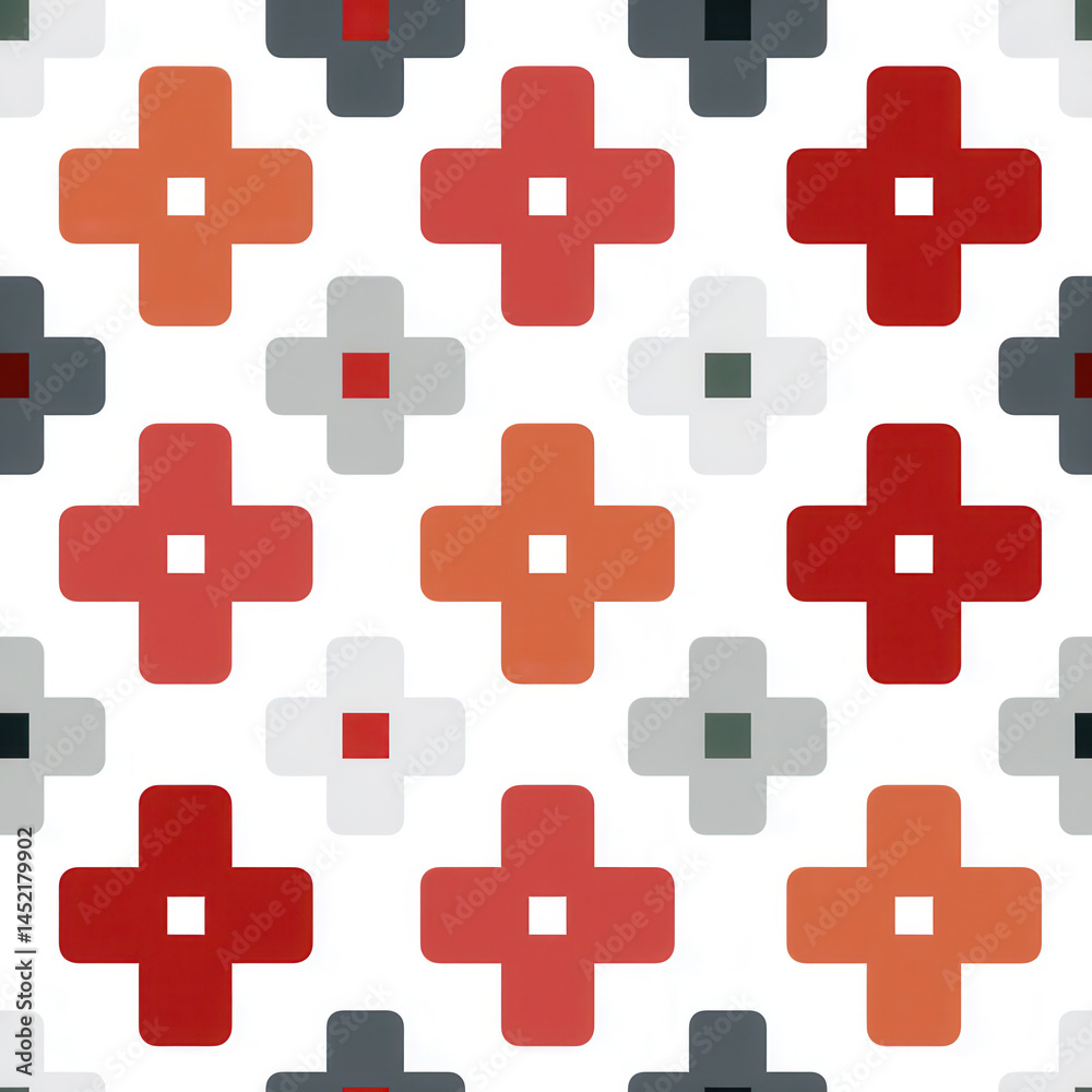 Seamless pattern featuring geometric plus signs in red, orange, and gray on white background creating modern and vibrant design