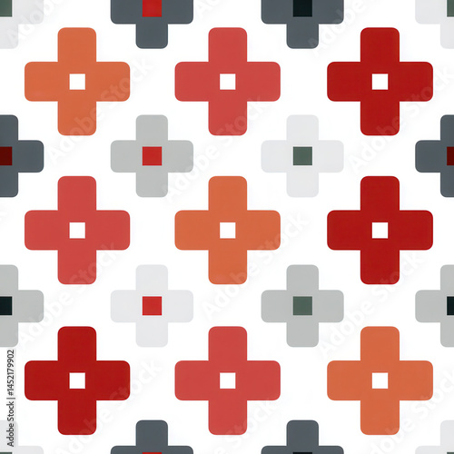 Obraz na płótnie Seamless pattern featuring geometric plus signs in red, orange, and gray on white background creating modern and vibrant design w salonie