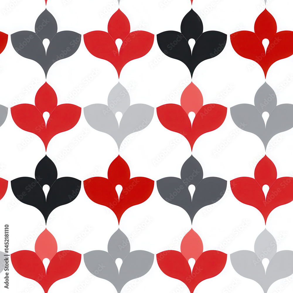 Seamless pattern featuring red, black, and gray abstract shapes on white background creates bold and modern design
