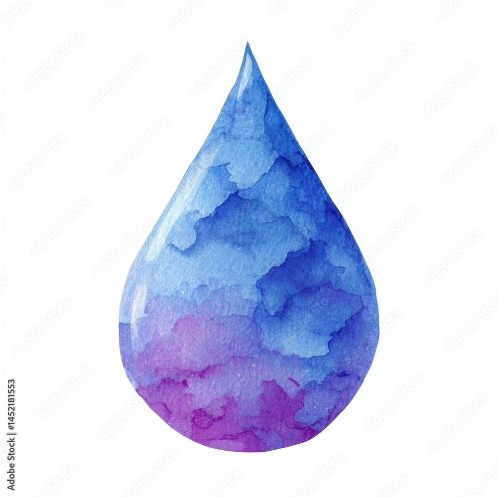 Obraz premium Watercolor painting of a single blue and purple water droplet isolated on white background perfect for design projects