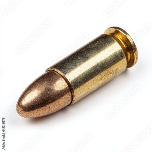 Close up view of a single bullet casing isolated on white background Detailed image of ammunition cartridge