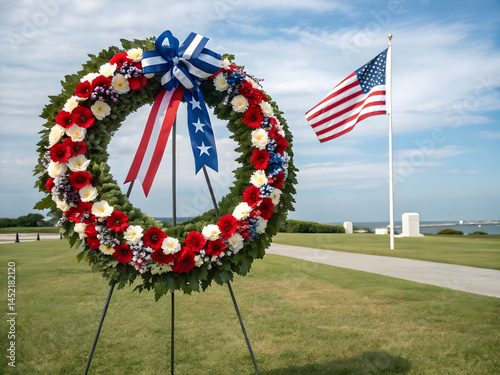 Floral Wreath and American Flag Display in Memorial Setting