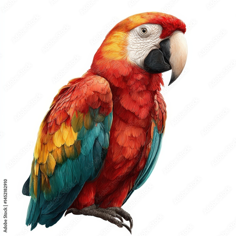 Obraz premium Vibrant Scarlet Macaw Parrot Bird Illustration Detailed Colorful Feathers Tropical Wildlife Animal Art
