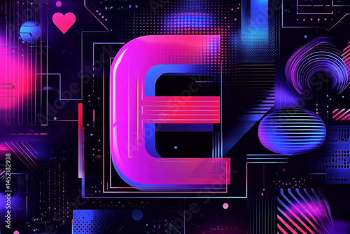 Abstract digital art with the letter 'E' in bold, modern typography, surrounded by geometric shapes and vibrant colors