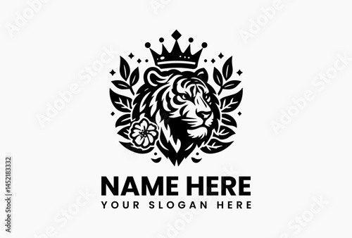 Tiger with tribal markings and floral crown, bold vector logo for tattoo parlors and alehouses