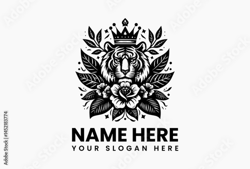 Tiger with tribal markings and floral crown, bold vector logo for tattoo parlors and alehouses