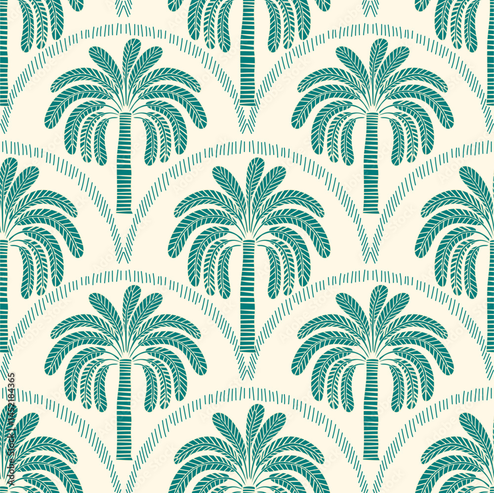 Seamless palm tree pattern featuring tropical botanical elements. This design is perfect for summer.	