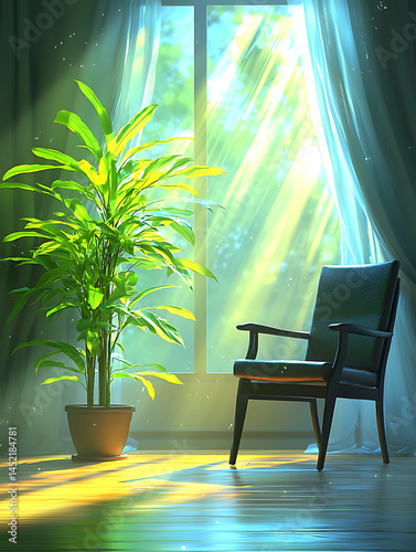 Serene sunlit room with armchair and potted plant.  Peaceful, minimalist interior design.  Perfect for home decor, relaxation, and wellbeing themes.