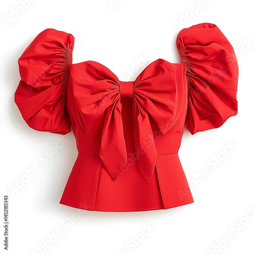 Red bow blouse puff sleeve top fashion women's clothing stylish party wear outfit summer apparel trend 2024