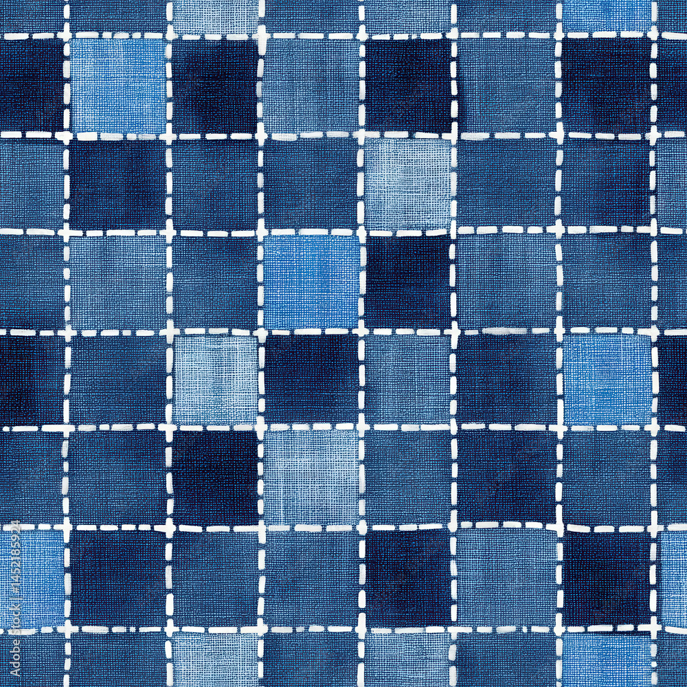 Seamless pattern of blue squares with stitched effect creates textured and stylish design