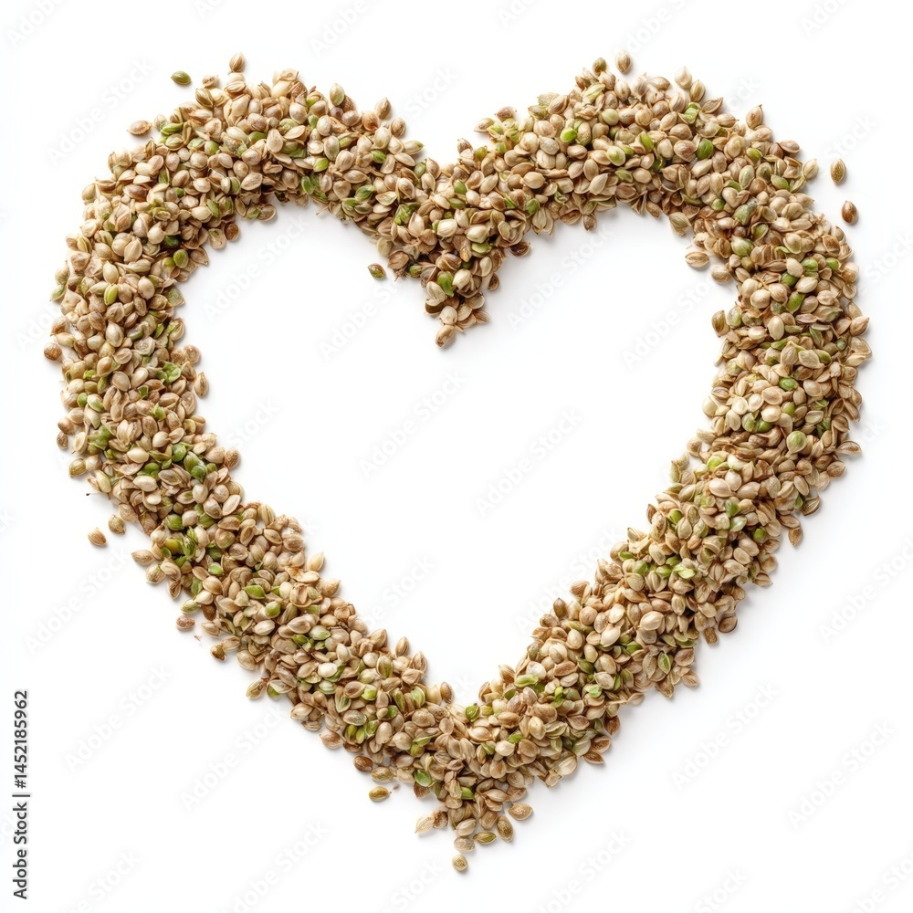 Obraz premium Hemp Seeds Arranged in a Heart Shape on White Background Healthy Food Concept
