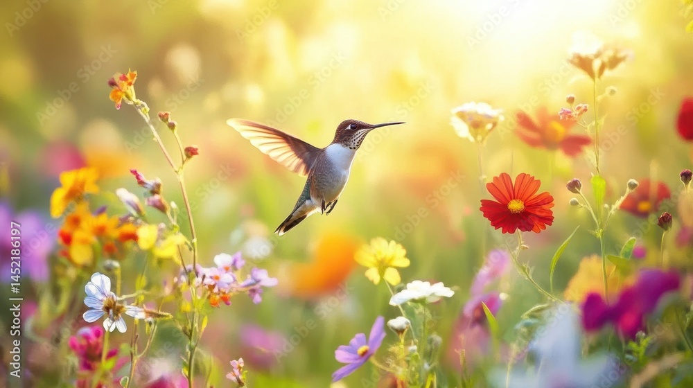 Fototapeta premium A photo of a hummingbird in flight, captured as it hovers near an orange flower.