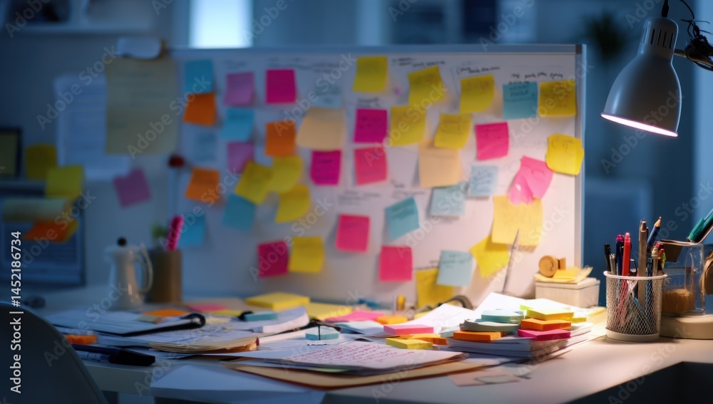 Naklejka premium Organize Desk with Colorful Notes, Stationeries & Papers, Maintain Productive Flow with Desk Lamp Workspace