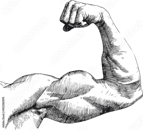 Detailed black and white illustration of a flexed muscular arm, vintage style art. Vector illustration.