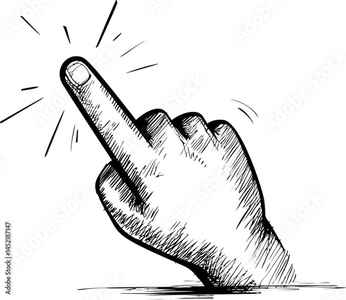 Hand drawing showing middle finger in a black and white sketch style. Vector illustration.