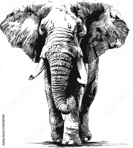 Detailed black and white sketch of an elephant standing with a conceptual design. Vector illustration.