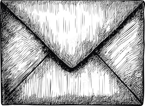 Detailed black and white sketch of a sealed envelope with crosshatch shading. Vector illustration.