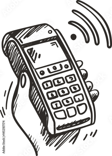 Hand holding payment terminal sketch with wireless signal lines. Vector illustration.