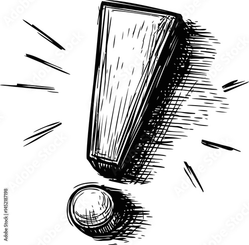 Ink sketch of bold exclamation mark with dynamic lines. Vector illustration.