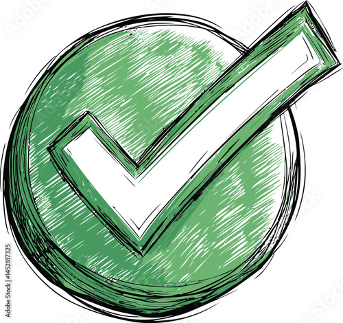Green sketched tick mark in a circle symbolizing approval or correctness. Vector illustration.