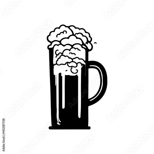 Stylized beer mug illustration exhibiting overflowing foam for beverage representation