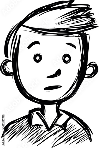 Sketch of a surprised young boy with spiky hair in black and white illustration. Vector illustration.