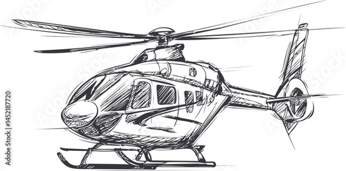 Detailed sketch of a helicopter with spinning rotors in black and white. Vector illustration.