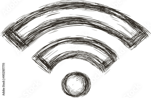 Sketched black and white wifi symbol with hand-drawn texture, minimalist art. Vector illustration.