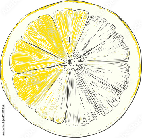 Hand-drawn yellow lemon slice with detailed sketch and artistic lines. Vector illustration.