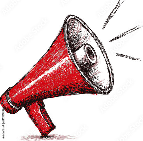 Red megaphone in sketch style with sound lines illustration. Vector illustration.