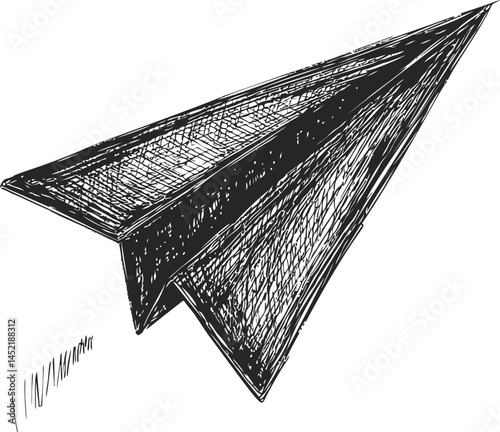 Sketch of a black and white paper airplane with detailed shading, . Vector illustration.