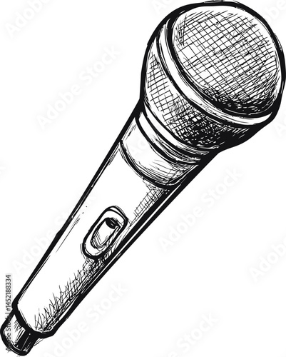 Detailed sketch of a handheld microphone in black and white illustration. Vector illustration.