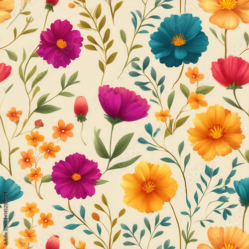 Colorful floral seamless pattern with vibrant flowers and leaves on light background. Perfect for textiles and wallpapers