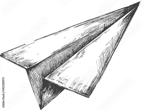 Detailed sketch of a paper airplane with intricate linework, black and white art. Vector illustration.