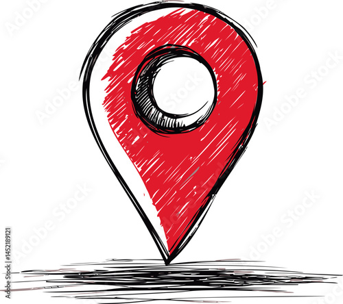Red location marker with sketchy style, conceptual design art. Vector illustration.
