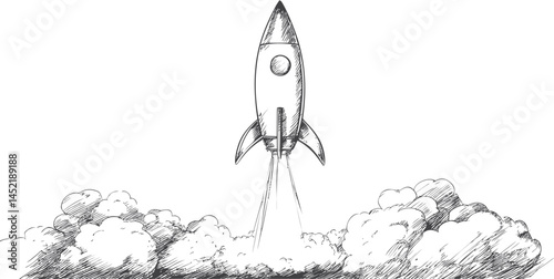 Rocket launching amid clouds in black and white sketch drawing. Vector illustration.